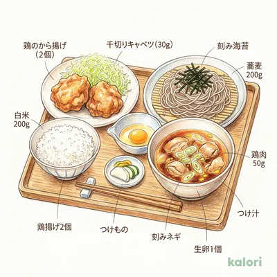 鶏つけ汁蕎麦定食（生卵・から揚げ付き）