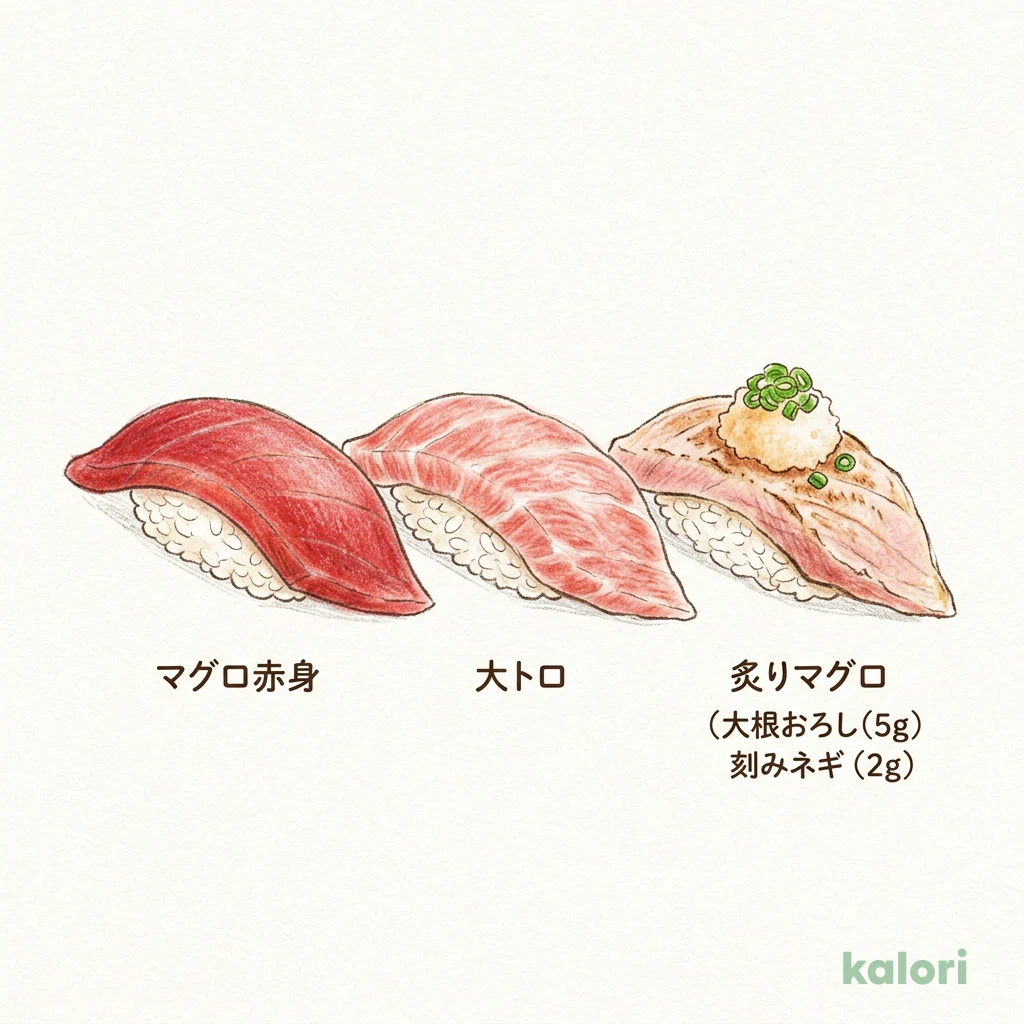 まぐろ三貫握り 222kcal｜カロリー・栄養成分 | 魚屋路 | kalori