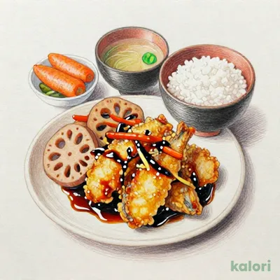 サバの竜田揚げと根菜黒酢炒め定食