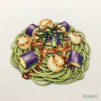 京抹茶の生パスタ 帆立と茄子の焦がし醤油バター ～3種薬味添え～
