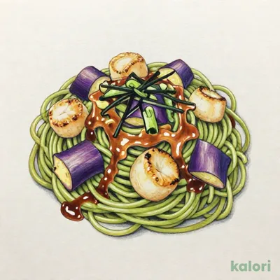 京抹茶の生パスタ 帆立と茄子の焦がし醤油バター ～3種薬味添え～