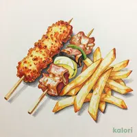 2 Types of Kushikatsu (Deep-Fried Skewers) and French Fries