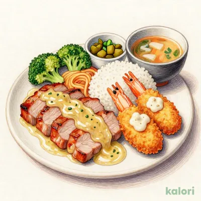 国産ポークカットステーキとエビフライの定食（ねぎ塩だれ）