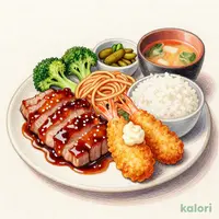 国産ポークカットステーキとエビフライの定食（和風ソース）