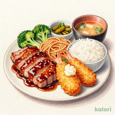 国産ポークカットステーキとエビフライの定食（和風ソース）