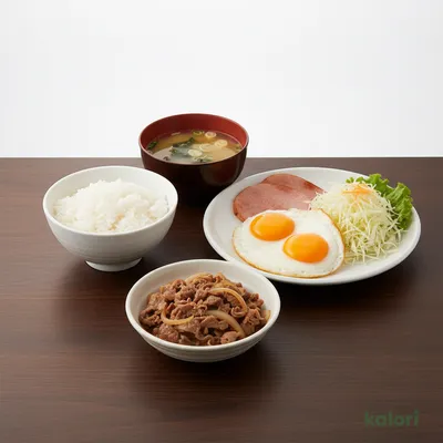 Wハムエッグ牛小鉢定食